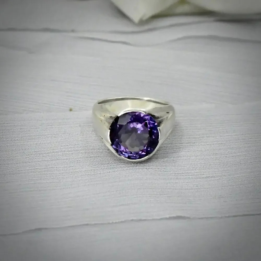 Vintage FRK Mexico 925 Silver Heavy Simulated Alexandrite Ring Unisex Size 9